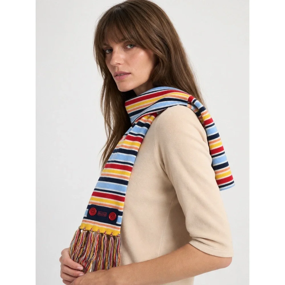 Vintage Mudd Y2K Striped Knit Scarf Fringe Button Detail Multicolor Kidcore OS